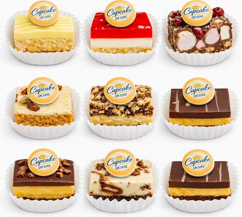 Assorted mix cake slices with The Cupcake Desire logo toppers