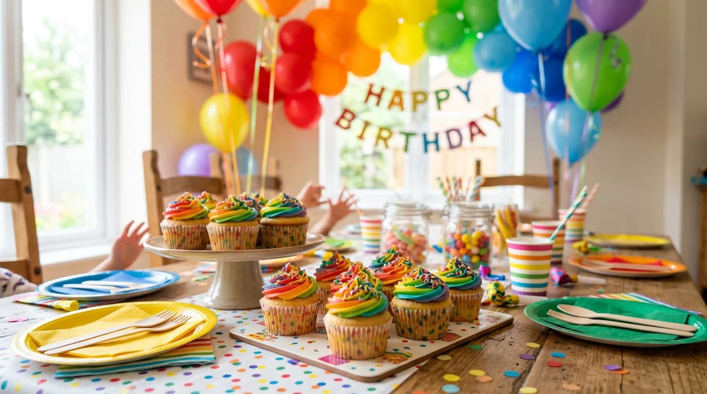 Colourful birthday cupcakes on a table for a kids party Colourful birthday cupcakes on a table for a kids party