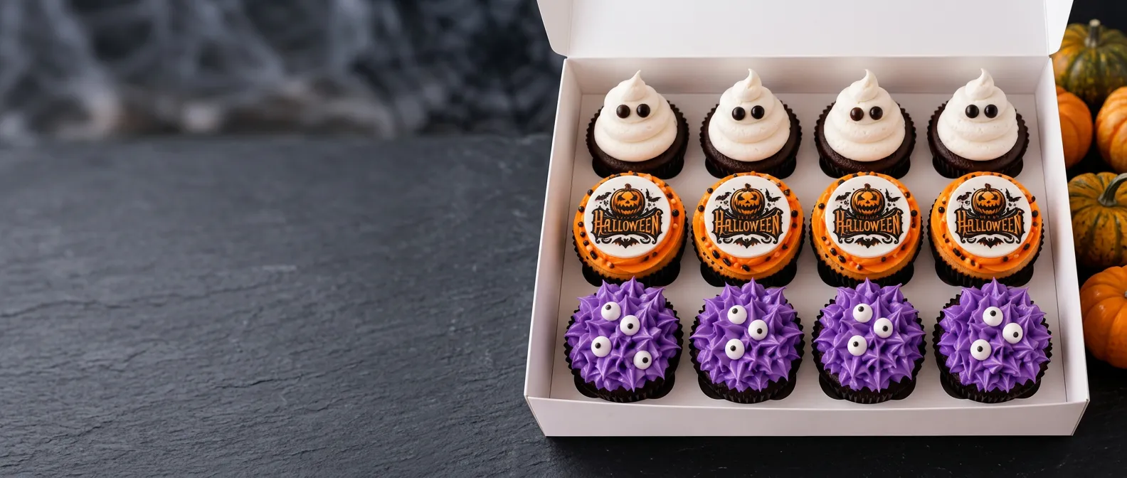 Box of 12 Halloween cupcakes with ghost, pumpkin topper and purple monster designs, delivered in Melbourne Box of 12 Halloween cupcakes with ghost, pumpkin topper and purple monster designs, delivered in Melbourne